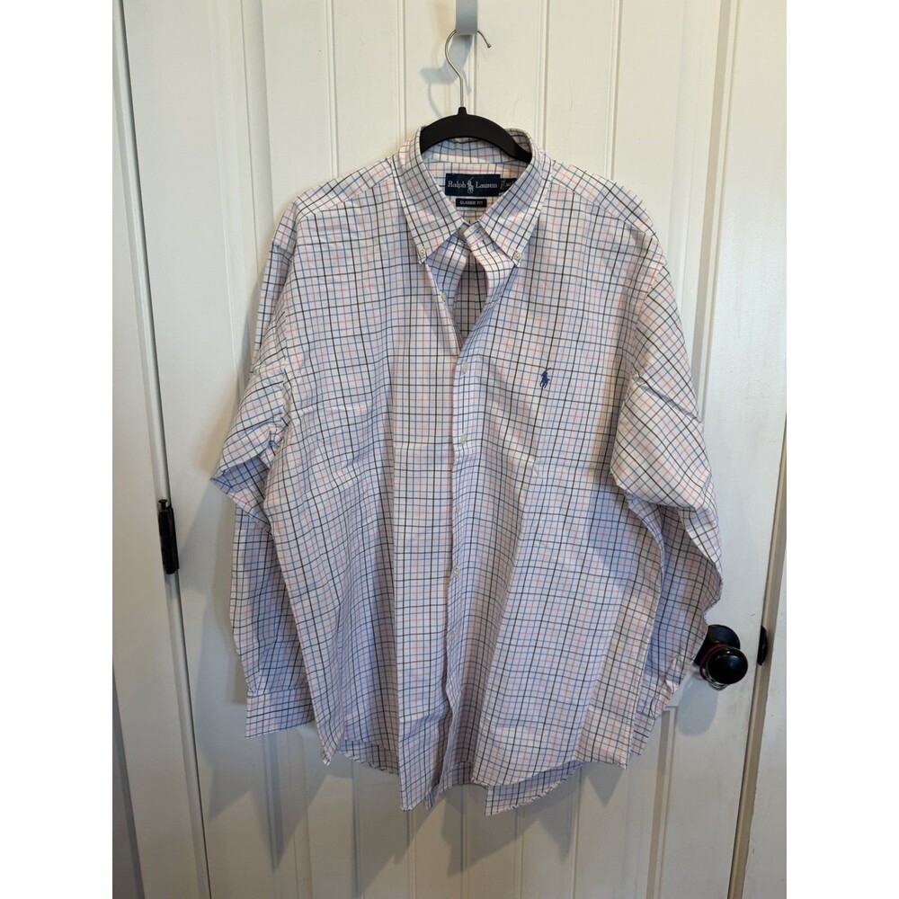 Polo Ralph Lauren Mens Large Classic Fit Shirt White Blue Pink Check Cotton Pony